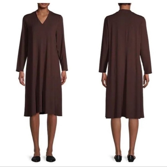 Eileen Fisher Brown V Neck Midi Dress XS - Picture 2 of 12